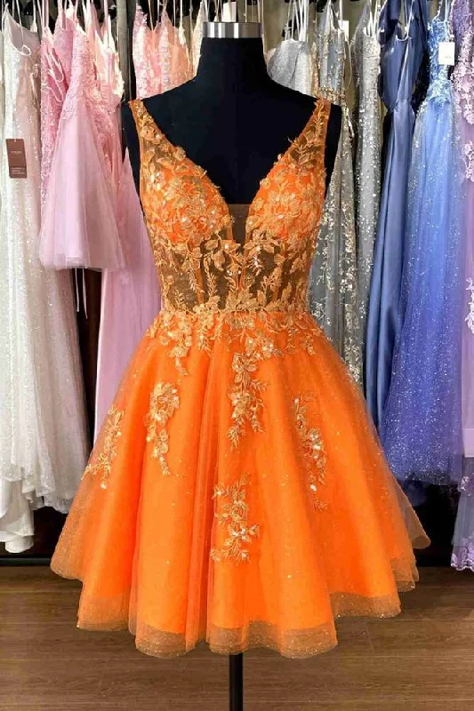 Weekend Deal Plunging Neck Orange Appliques Short Party Dress