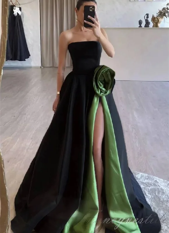 Price Drop Alert Strapless Black Satin Slit Prom Dress with Floral