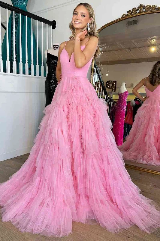 Today’s Deal Princess Pink Strappy Frill-Layered A-Line Long Prom Dress