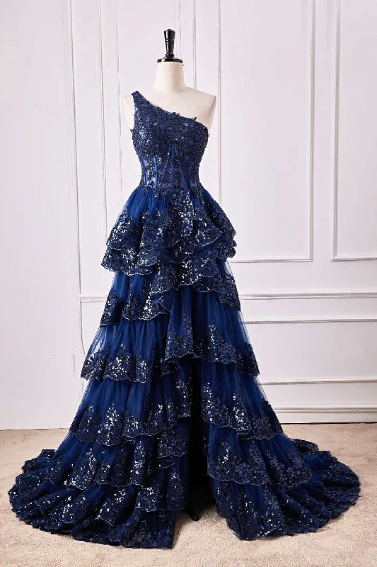 Special Promotion Navy Blue One Shoulder Sequin Ruffle A-Line Formal Dress