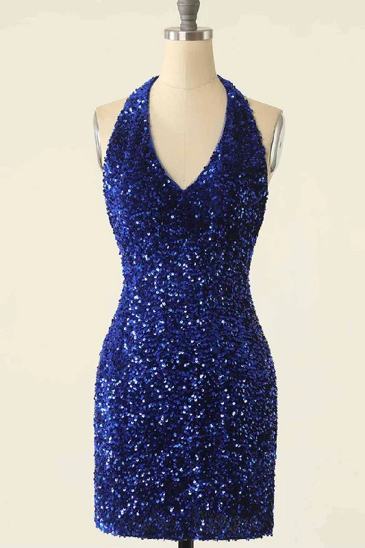 Deal Mania Fitted Backless Halter Royal Blue Sequined Homecoming Dress