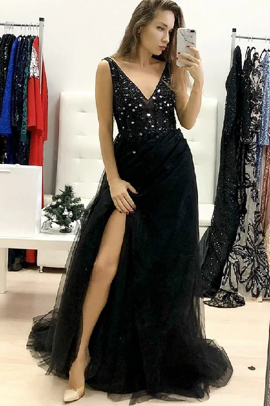 Midnight Sale Luxurious V Neck Black Tulle Formal Evening Dress