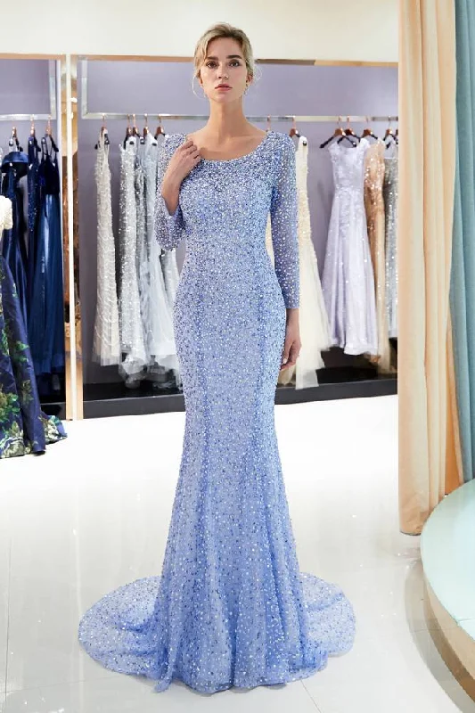 Best Deals Long Sleeves Sequined Open Back Mermaid Periwinkle Blue Evening Dress