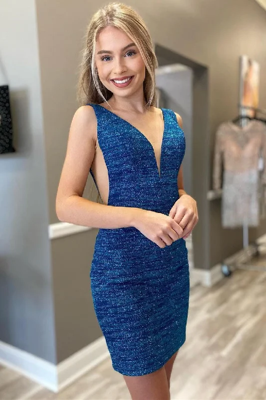 Hurry In Tight Sparke Blue V-Neck Homecoming Dress