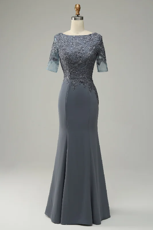 Deal Dash Grey Mermaid Short Sleeves Appliques Long Mother of the Bride/Groom Dress