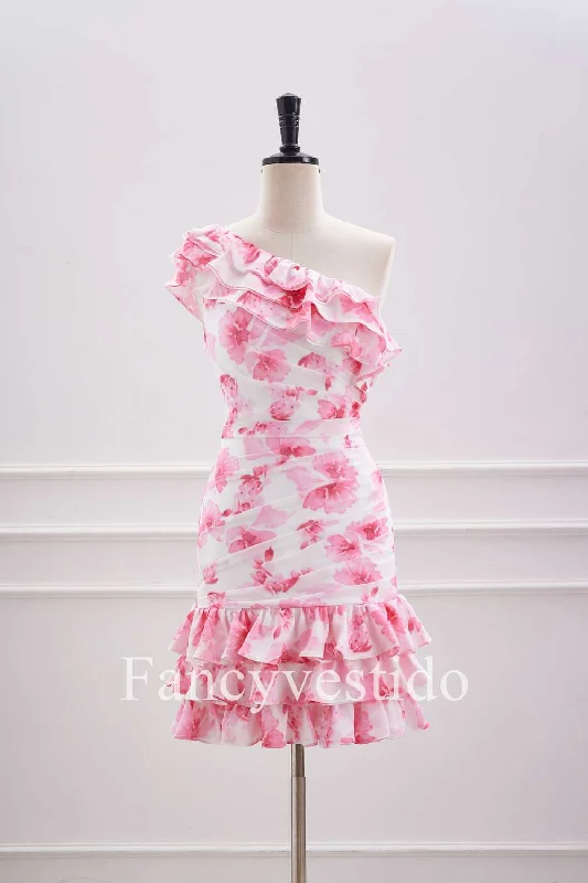 Deal Explosion Cute Ruffled One-Shoulder Pink Floral Print Mini Homecoming Dress