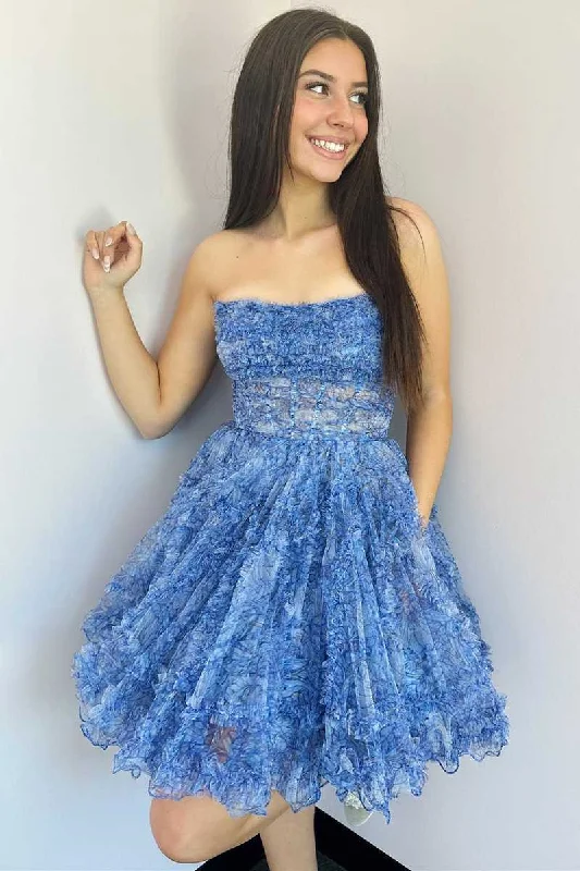 Super Sale Strapless Blue Floral Print A-Line Homecoming Dress with Pockets