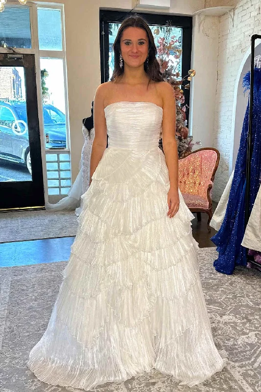 Limited Time Discount Strapless White Pleated Ruffle Layered Prom Dress