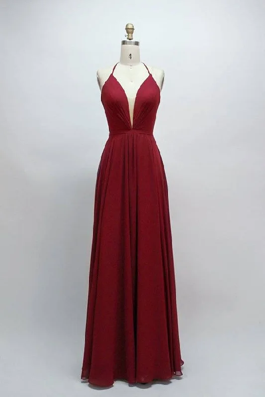 Exclusive Deal Lace-Up Plunging Neck Burgundy Long Bridesmaid Dress