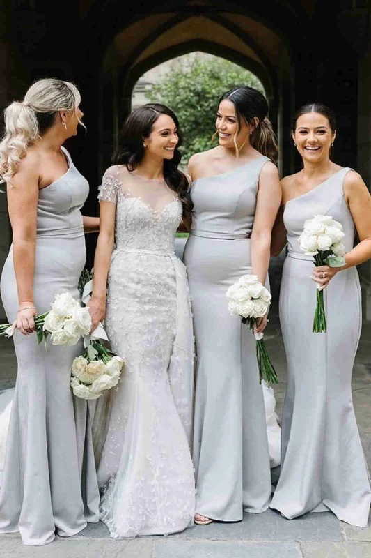 Super Sale Mermaid Light Grey One Shoulder Long Bridesmaid Dress