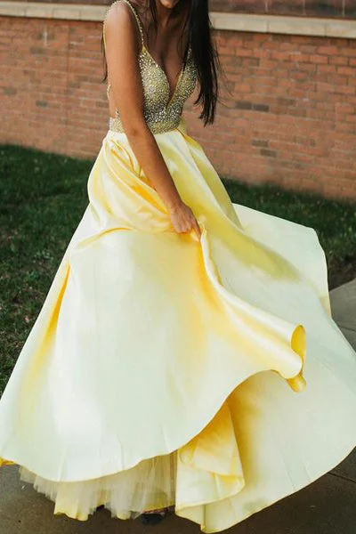 Discount Mania A-Line Spaghetti Straps Beaded Yellow Long Prom Dress