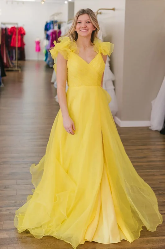 New Markdowns Yellow Surplice Ruffle Straps Tulle Long Prom Dress with Slit