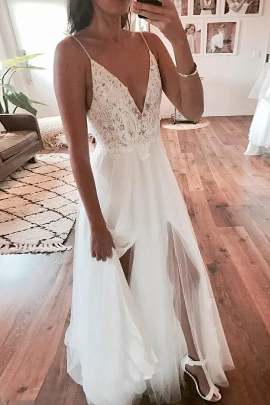 Instant Savings Long Spaghetti Strap A-line V-Neck White Wedding Dress with Lace