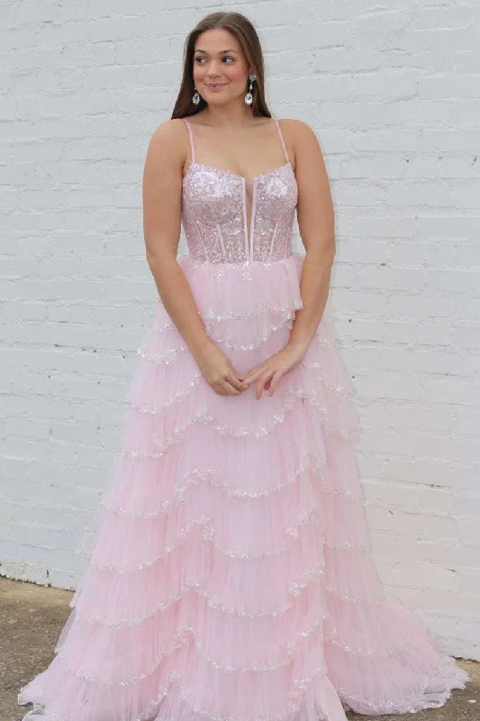 Clearance Items Straps Plunging Neck Pink Sequin Tiered Prom Gown