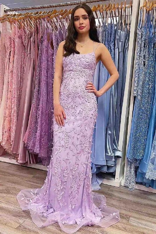Big Savings Applique Lavender Straps Mermaid Long Bridesmaid Dress