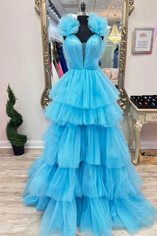 Online Specials Light Blue Ruffle Straps A-Line Tiered Prom Dress