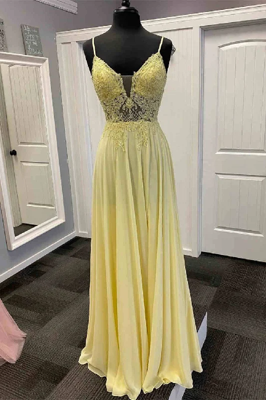 Fantastic Offers Spaghetti Straps Yellow Chiffon Prom Dress with Appliques
