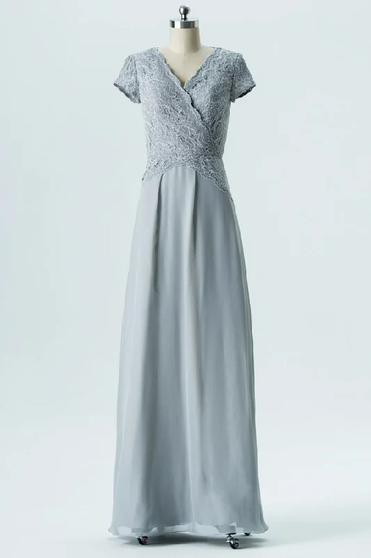 Members Only V-Neck Grey Lace Top Long Bridesmaid Dress