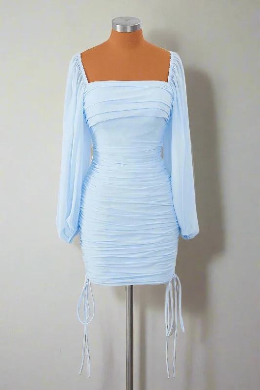 Fantastic Offers Square Neck Light Blue Long Sleeves Pleated Mini Dress