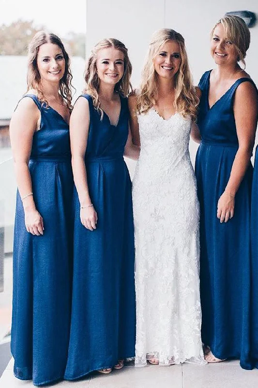 Year-End Sale Royal Blue V Neck Floor Length Bridesmaid Dress
