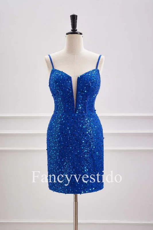 Great Bargains Straps Plunging Neck Royal Blue Sequin Tight Homecoming Dress