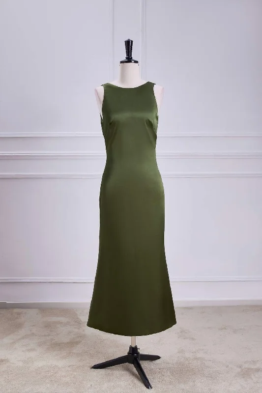 Bargain Prices Crew Neck Olive Green Tie Straps Midi Dress