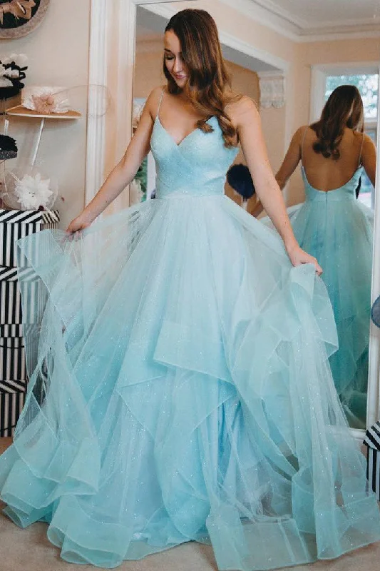 Midnight Sale Princess Tiffany Blue Long Ball Gown with Ruffles