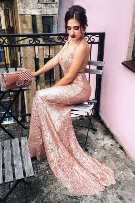 Extra Savings Mermaid Champagne Sequined Party Dress with Open Back