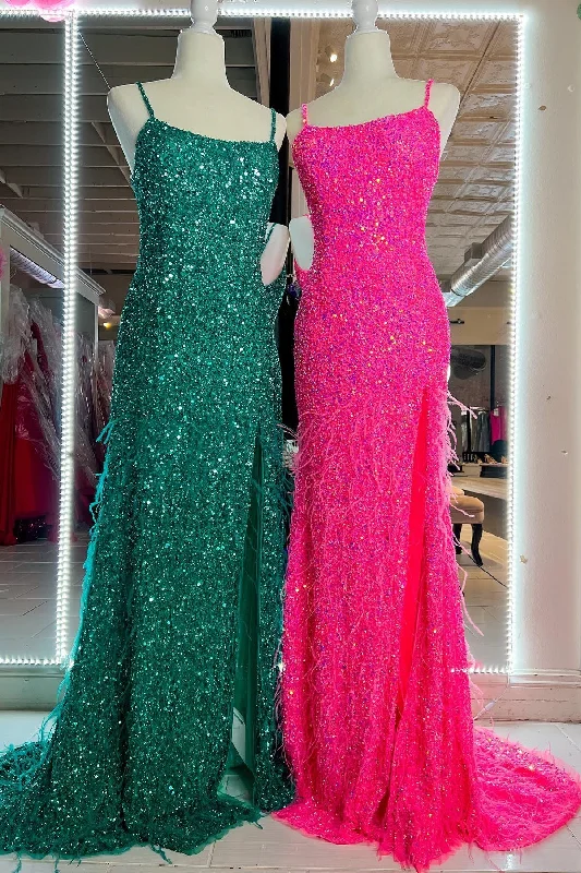 Price Drop Mermaid Fitted Straps Feathers Long Prom Dress with Slit