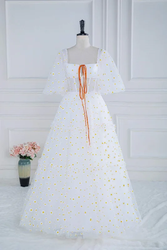 Amazing Deals Square Neck White Daisy Print Tulle Long Formal Dress