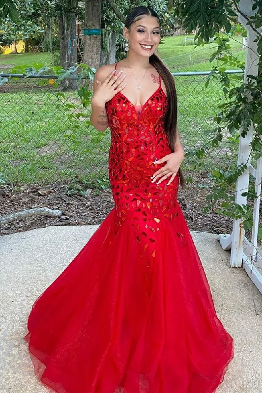 Deep Discounts Straps Trumpet Red Sequins Long Prom Dress