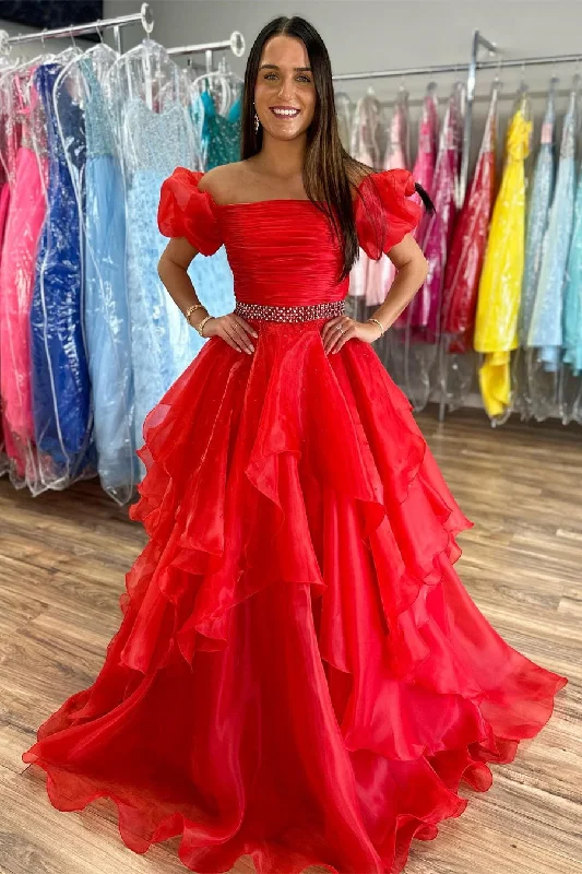Deal Dash Off the Shoulder Red Balloon Sleeves Ruffle Layered Prom Dress
