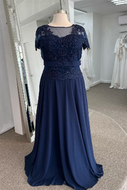 Bonus Savings Navy Illusion Neck Short Sleeves Mother of Bride Dress with Sash