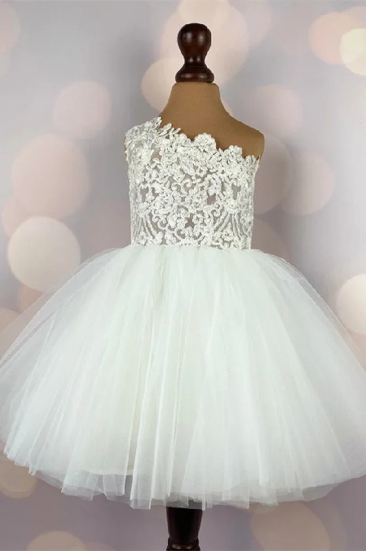 Great Deals Sheer Lace Bodice Ivory One Shoulder Girl Party Dress