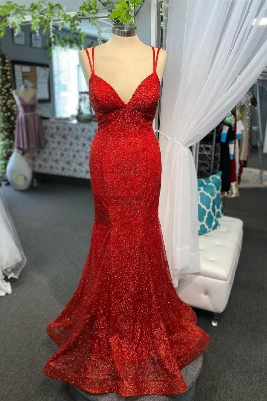 Special Savings Empire Waist Gliiter Red Mermaid Prom Dress