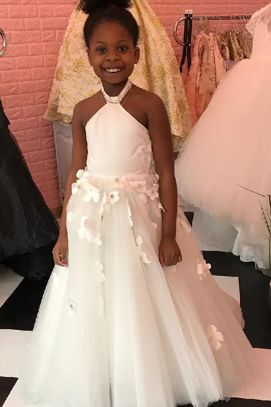 Exclusive Offers Halter Floral Appliques Long White Flower Girl Dress