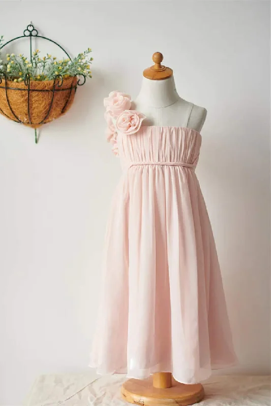 Flash Sale One-Shoulder Blush Pink Chiffon Flower Girl Dress
