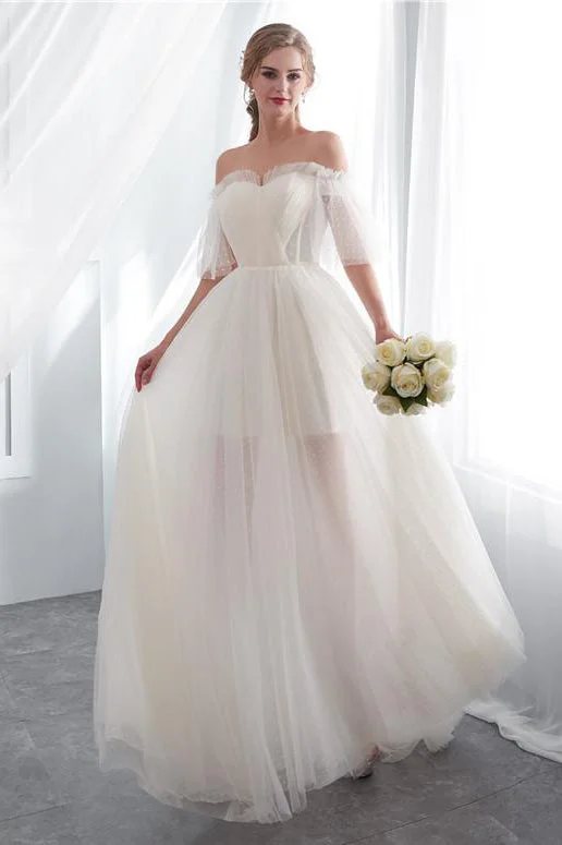 New Markdowns Long Lace-Up Off Shoulder A-line Ivory Wedding Dress