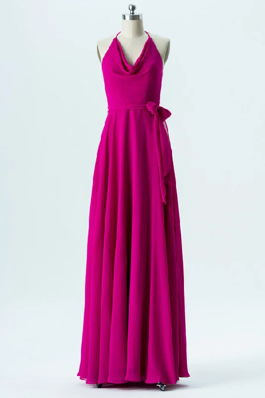 Bargain Bin Halter Fuchsia Backless Long Bridesmaid Dress with Bow