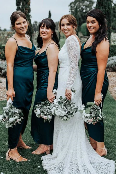 Amazing Deals Elegant Spaghetti Strap Dark Teal Bridesmaid Dress