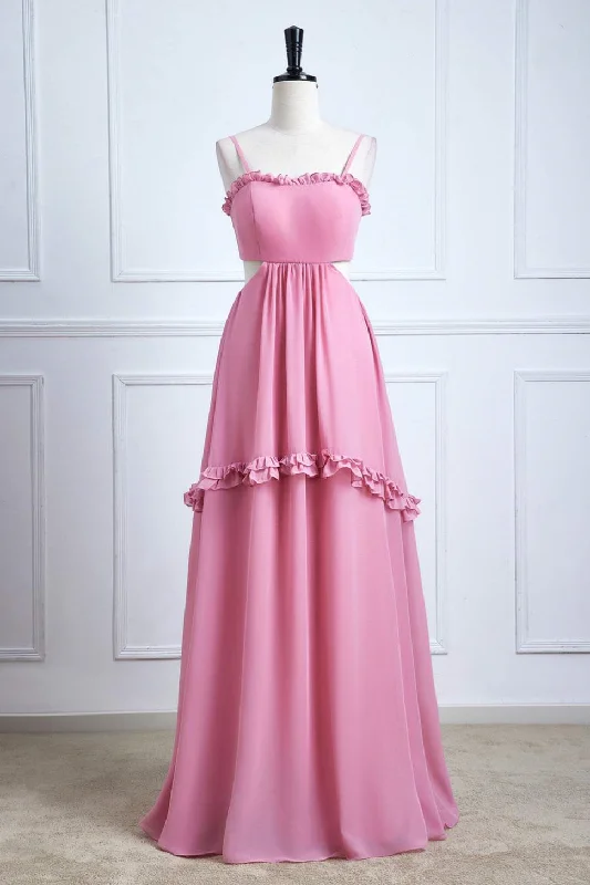 Can't Miss Straps Powder Pink Bow Tie Back Ruffle Chiffon Maxi Dress