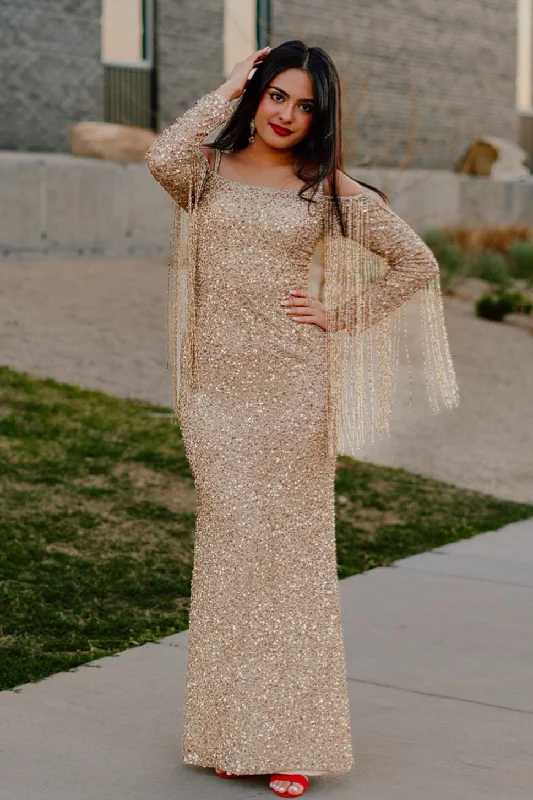 Super Deal Gold Off-the-Shoulder Long Sleeves Sequins Long Prom Dress with Tassels
