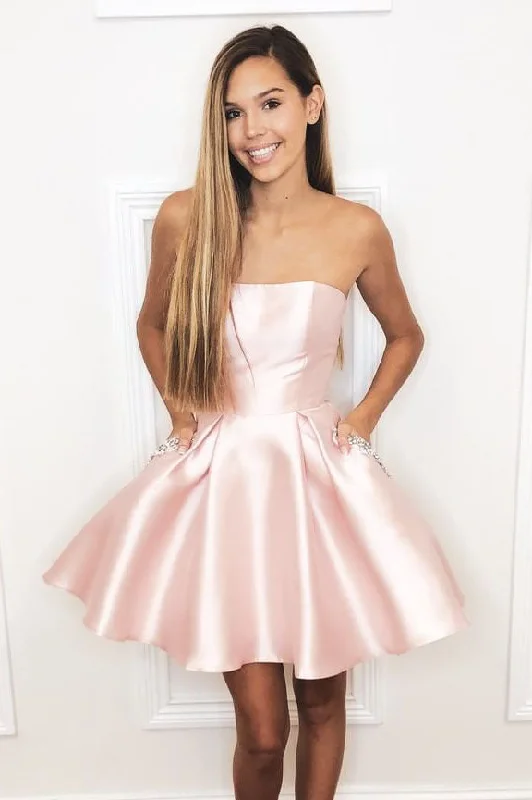 Fantastic Deals Simple Strapless Pink Homecoming Dress with Pockets/Beading