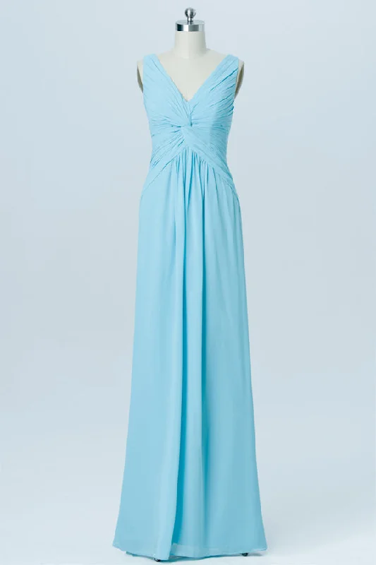Mega Deal V-Neck Light Blue Ruched Chiffon Bridesmaid Dress