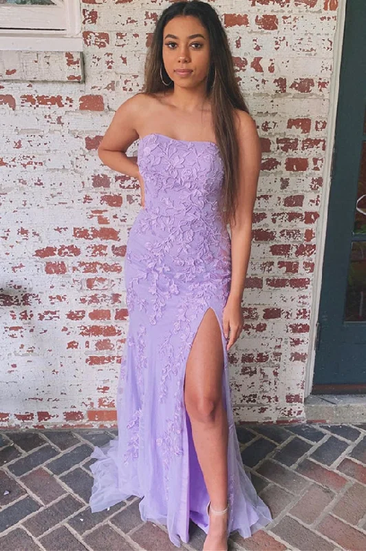 Deal Explosion Strapless Mermaid Long Lavender Lace Prom Dress with Slit