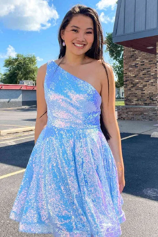 Mega Sale A-Line One Shoulder Sequined Short Homecoming Dress with Pockets