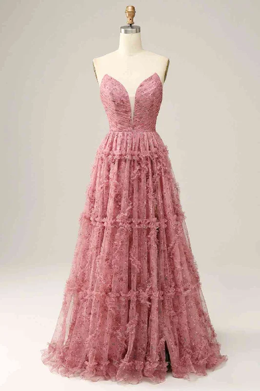 Season Finale Sale A-Line Sweetheart Dusty Rose Floral Tulle Prom Dress