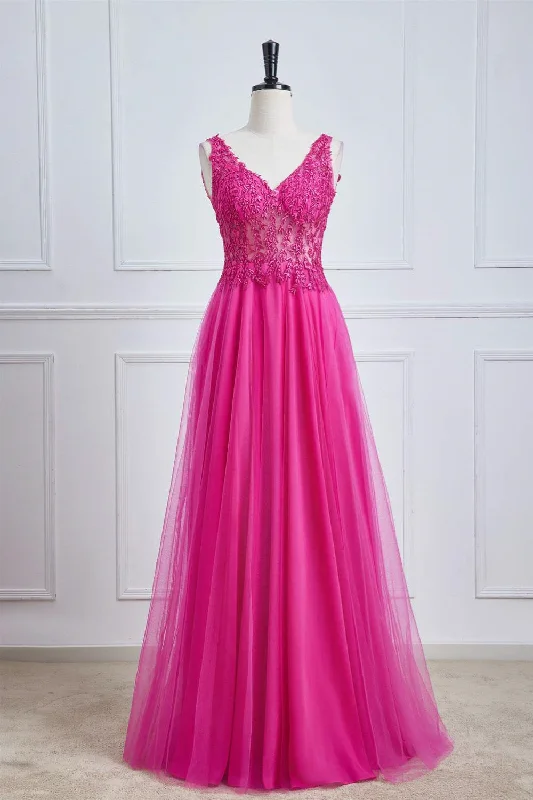 Mega Sale V-Neck Fuchsia Lace Appliques A-Line Formal Dress