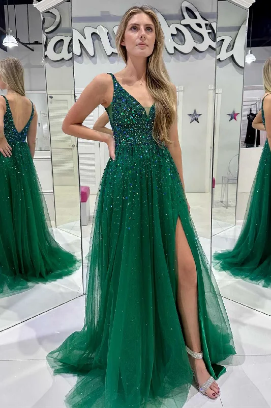 Get It Before It’s Gone V-Neck Hunter Green Beaded Tulle Prom Dress with Slit