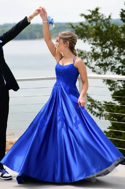 Don’t Miss Out Royal Blue Applique A-Line Satin Prom Dress with Double Straps